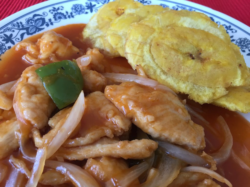 Chicken Enchilado with Tostones