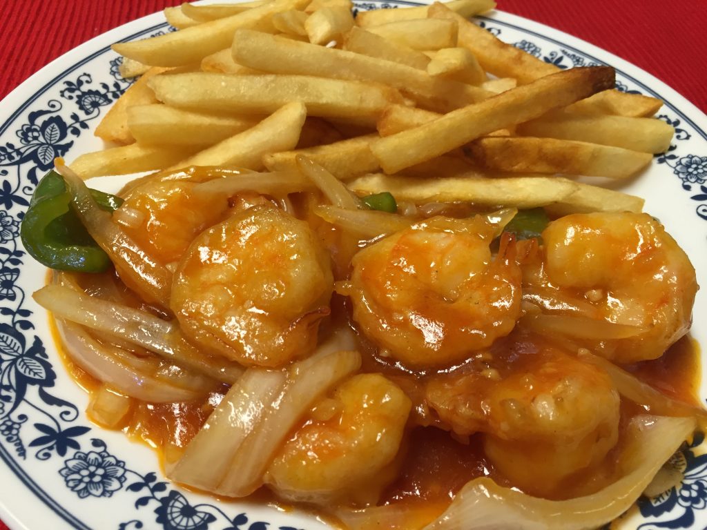 Shrimp Enchilado with French Fries